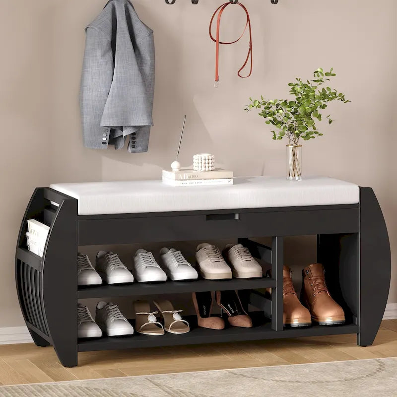 Banc de rangement incurvé – Siège rembourré à couvercle relevable avec étagères ouvertes