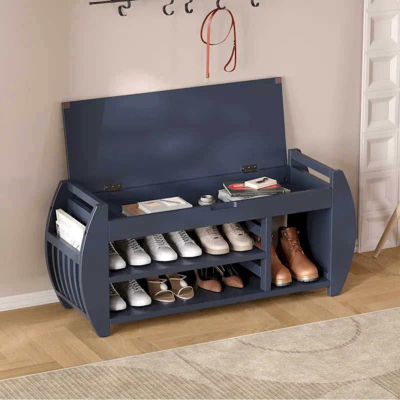 Banc de rangement incurvé – Siège rembourré à couvercle relevable avec étagères ouvertes