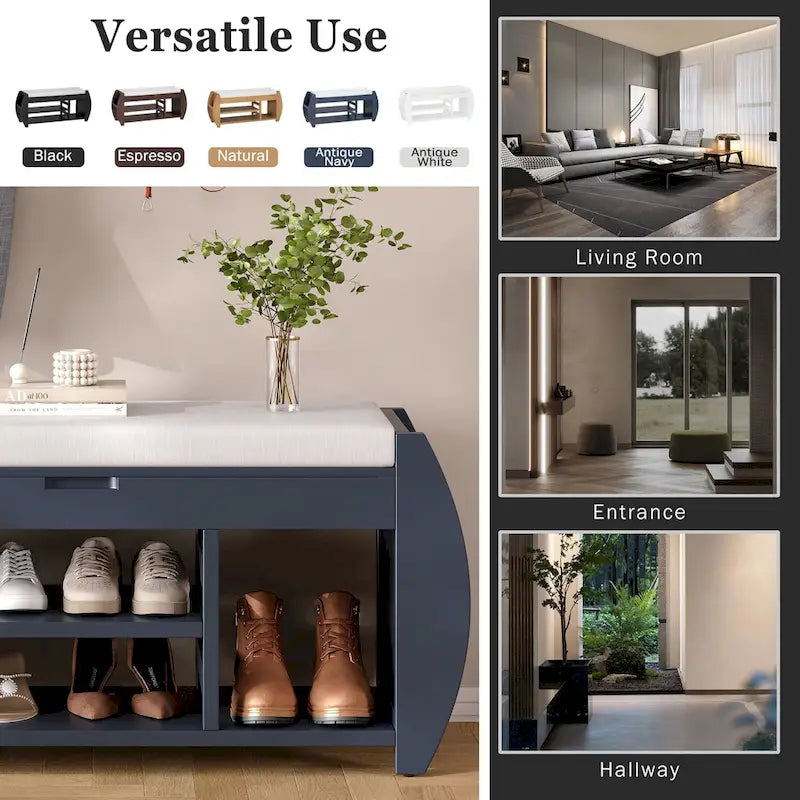 Banc de rangement incurvé – Siège rembourré à couvercle relevable avec étagères ouvertes