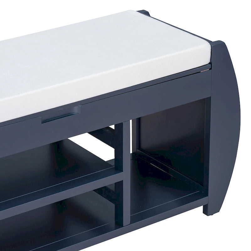 Banc de rangement incurvé – Siège rembourré à couvercle relevable avec étagères ouvertes