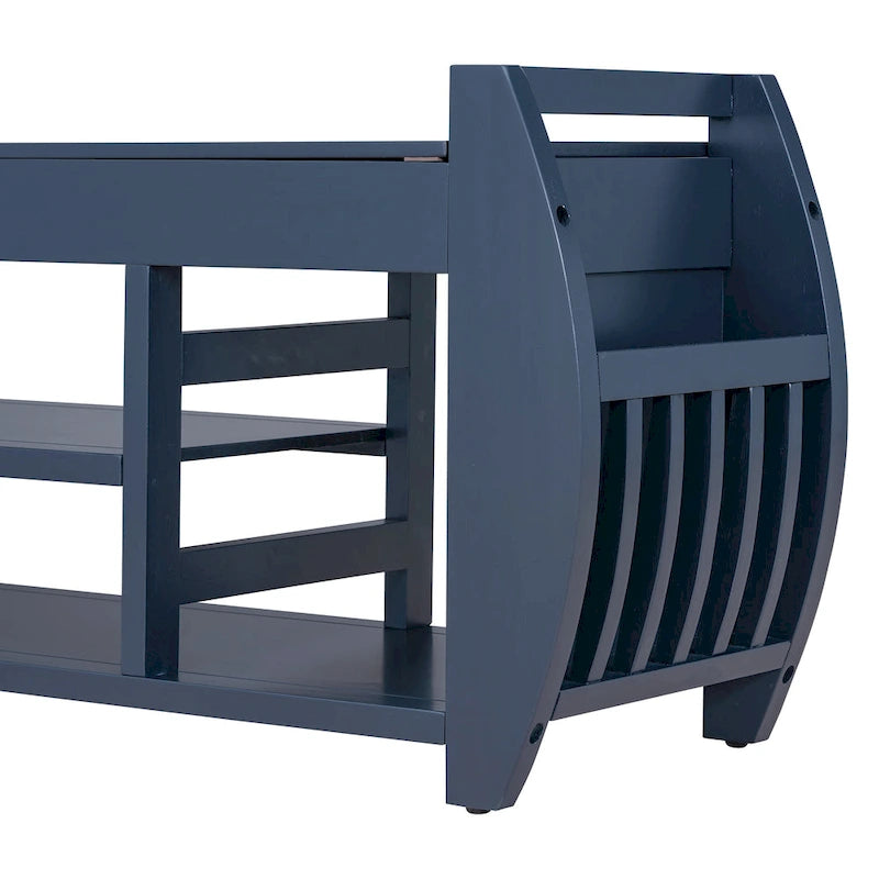 Banc de rangement incurvé – Siège rembourré à couvercle relevable avec étagères ouvertes