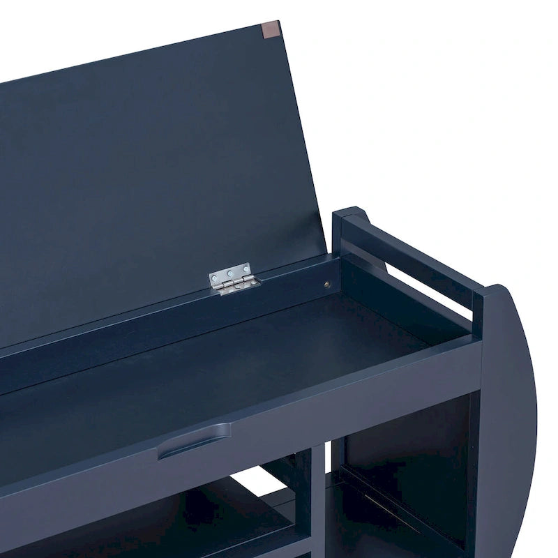 Banc de rangement incurvé – Siège rembourré à couvercle relevable avec étagères ouvertes