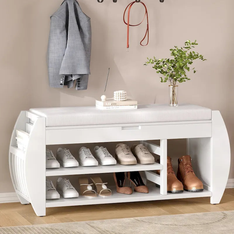 Banc de rangement incurvé – Siège rembourré à couvercle relevable avec étagères ouvertes