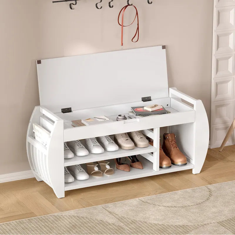 Banc de rangement incurvé – Siège rembourré à couvercle relevable avec étagères ouvertes