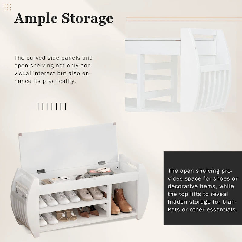 Banc de rangement incurvé – Siège rembourré à couvercle relevable avec étagères ouvertes