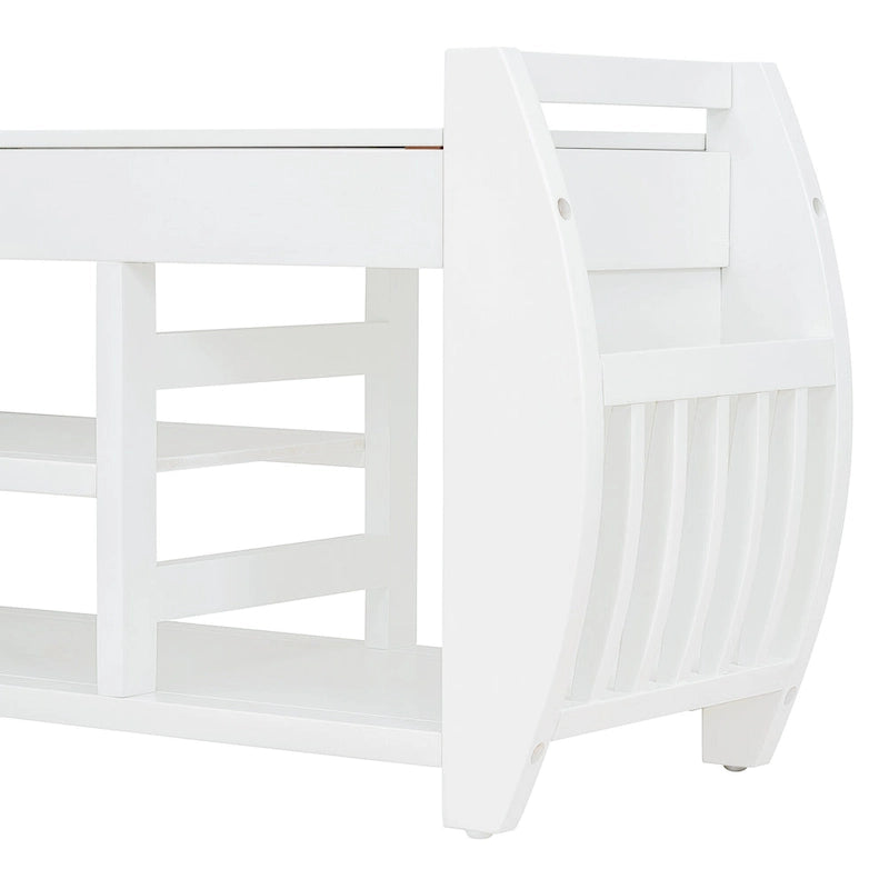 Banc de rangement incurvé – Siège rembourré à couvercle relevable avec étagères ouvertes