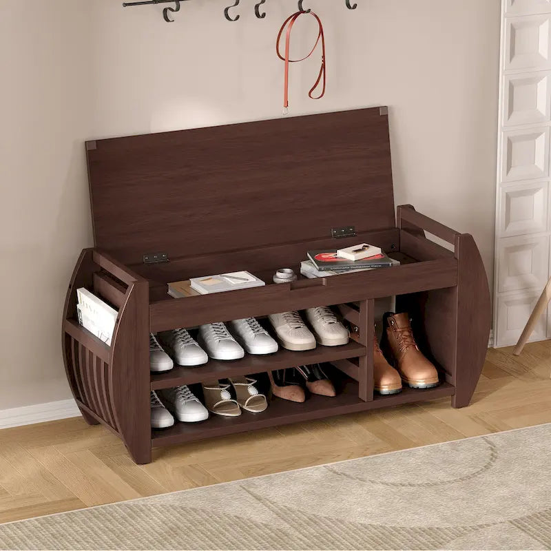 Banc de rangement incurvé – Siège rembourré à couvercle relevable avec étagères ouvertes