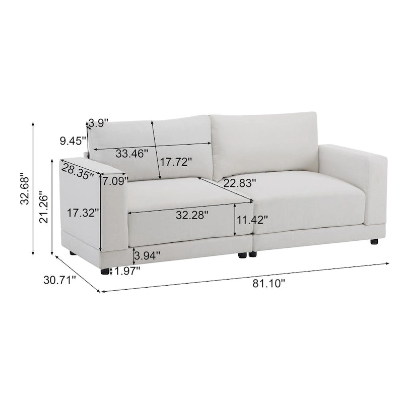 Causeuse contemporaine à bras carrés – Rembourrage en polyester de 81 po avec coussins en mousse haute densité