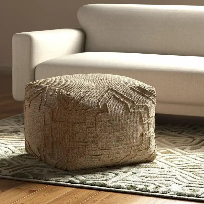 Pouf ottoman carré bohème fait main en jute – Motif quadrilobe 18", naturel