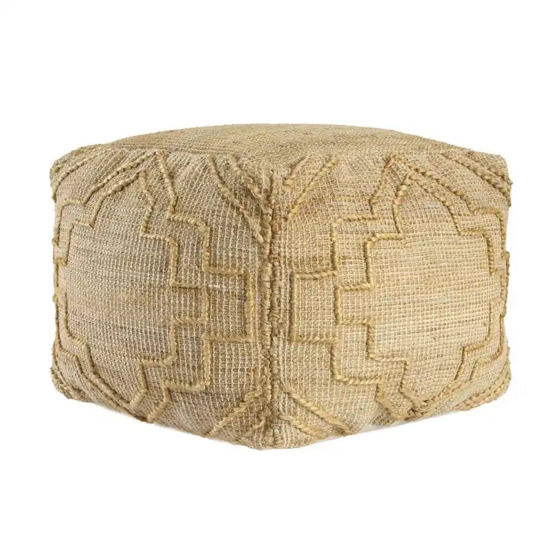 Pouf ottoman carré bohème fait main en jute – Motif quadrilobe 18", naturel