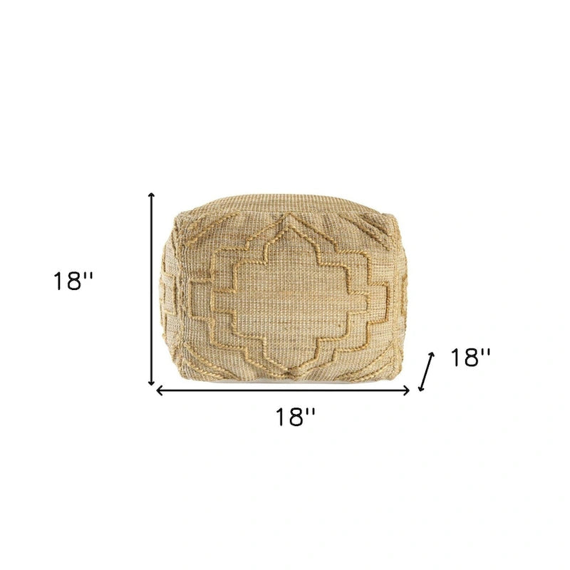 Pouf ottoman carré bohème fait main en jute – Motif quadrilobe 18", naturel