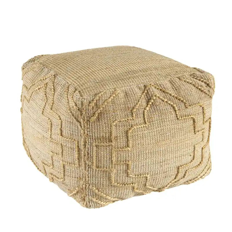 Pouf ottoman carré bohème fait main en jute – Motif quadrilobe 18", naturel