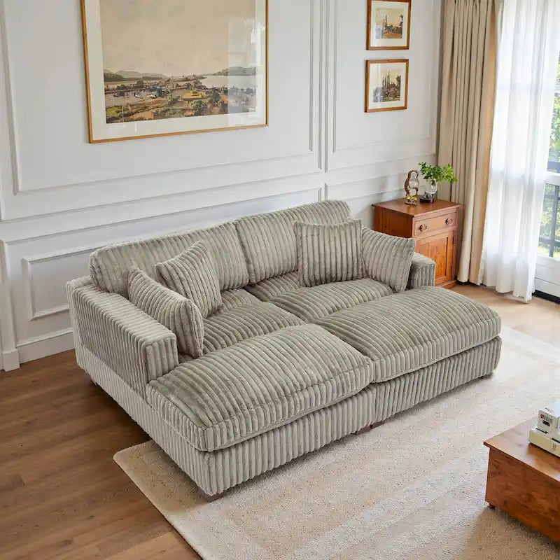Canapé d'angle contemporain en velours côtelé avec méridienne – Coussins à ressorts et pieds en bois