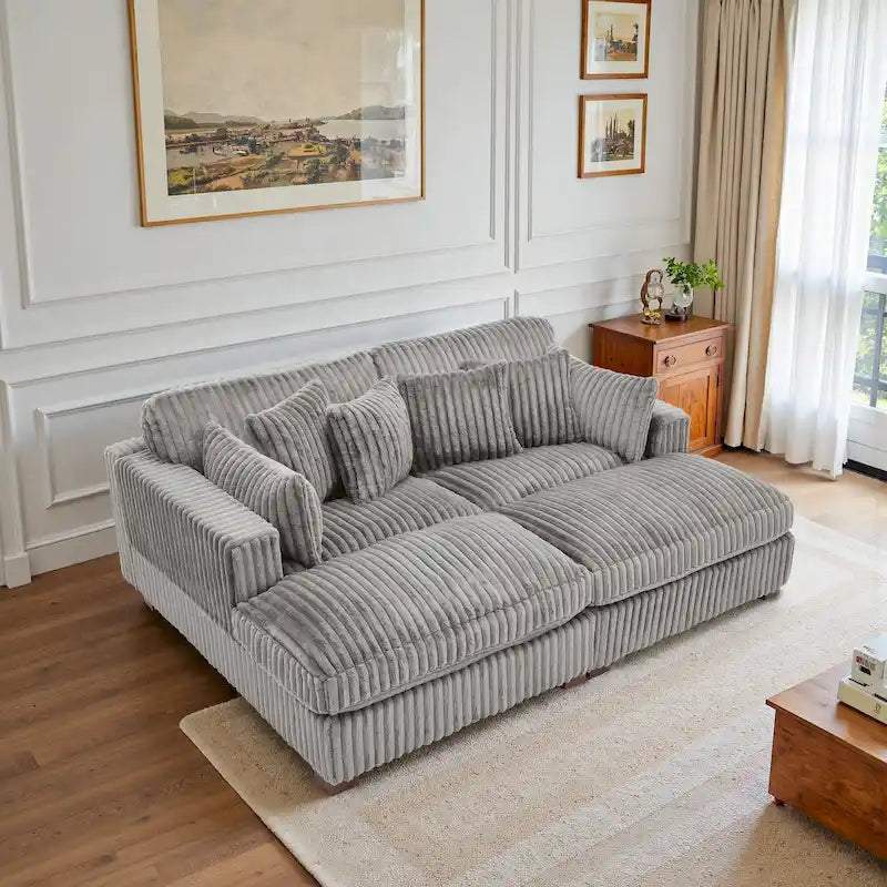 Canapé d'angle contemporain en velours côtelé avec méridienne – Coussins à ressorts et pieds en bois