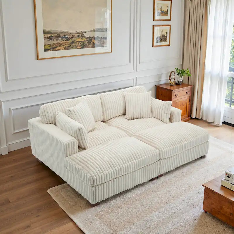 Canapé d'angle contemporain en velours côtelé avec méridienne – Coussins à ressorts et pieds en bois