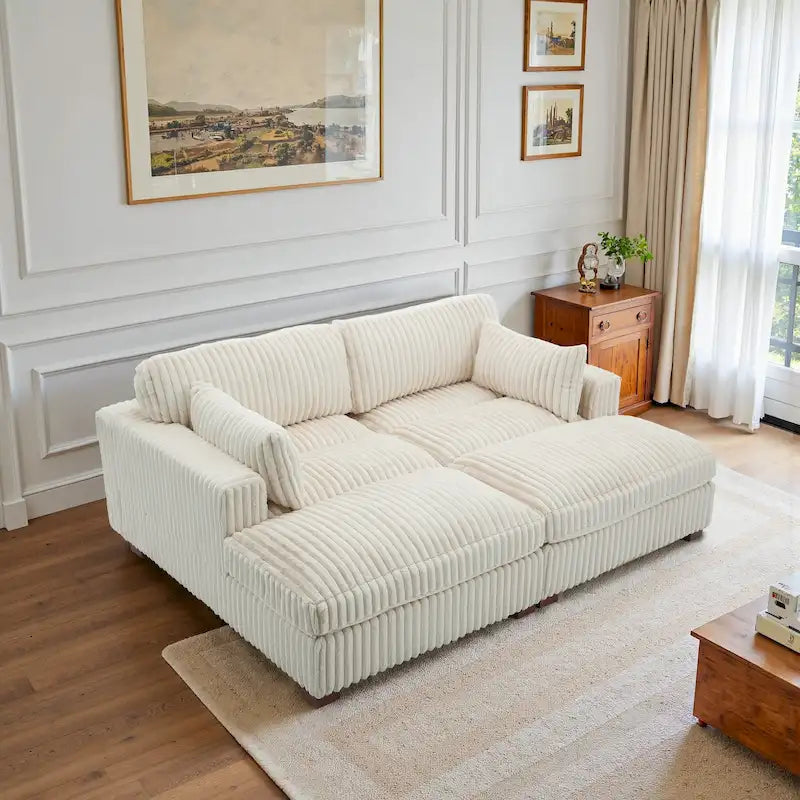 Canapé d'angle contemporain en velours côtelé avec méridienne – Coussins à ressorts et pieds en bois