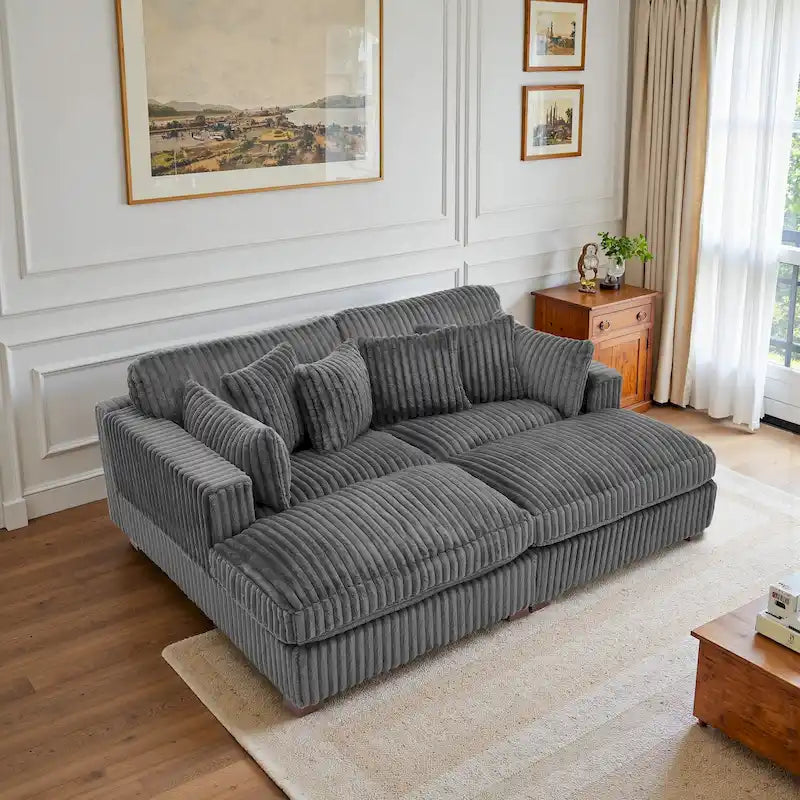 Canapé d'angle contemporain en velours côtelé avec méridienne – Coussins à ressorts et pieds en bois