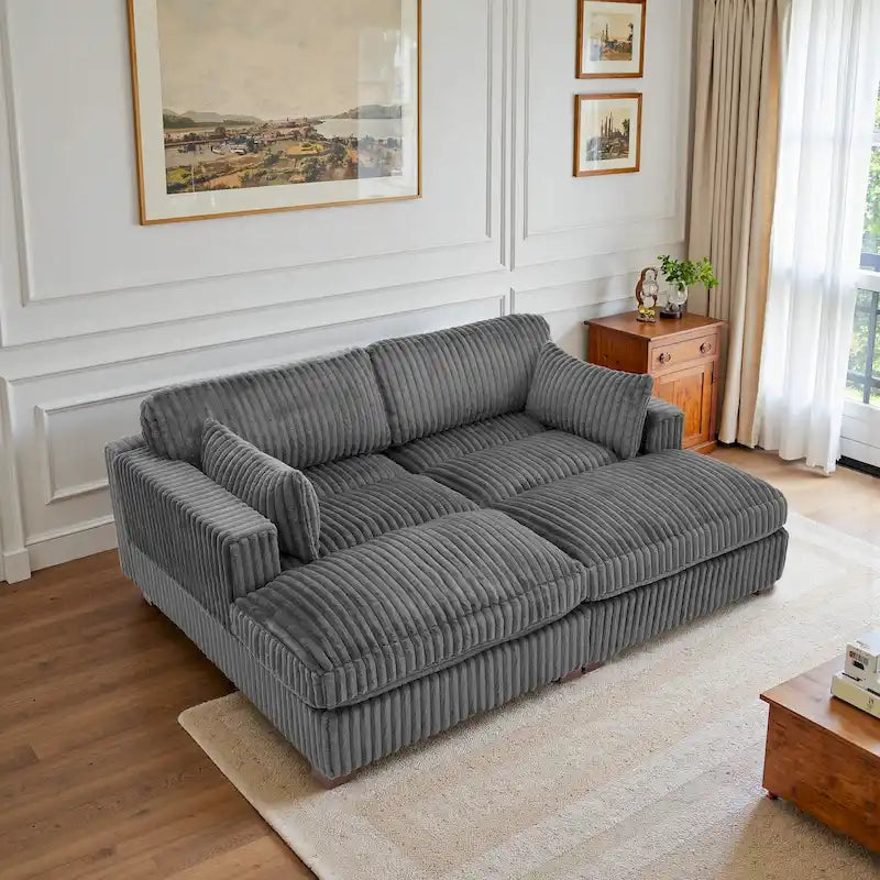 Canapé d'angle contemporain en velours côtelé avec méridienne – Coussins à ressorts et pieds en bois