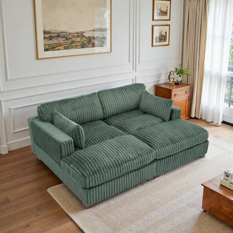 Canapé d'angle contemporain en velours côtelé avec méridienne – Coussins à ressorts et pieds en bois