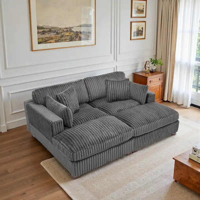 Canapé d'angle contemporain en velours côtelé avec méridienne – Coussins à ressorts et pieds en bois