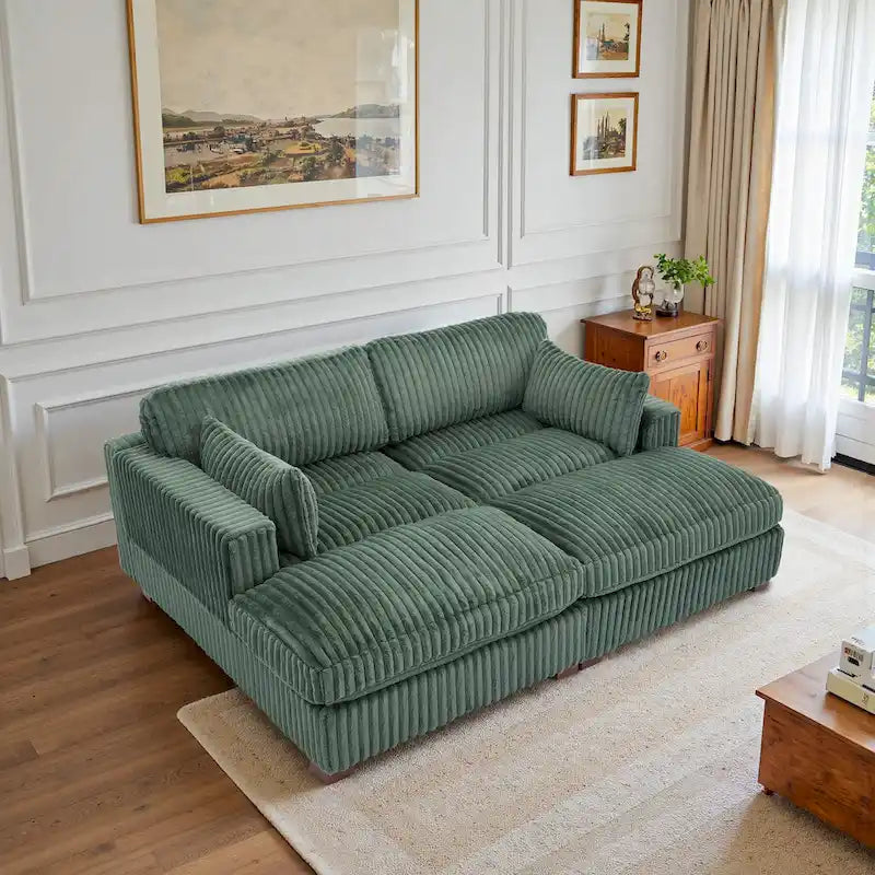 Canapé d'angle contemporain en velours côtelé avec méridienne – Coussins à ressorts et pieds en bois