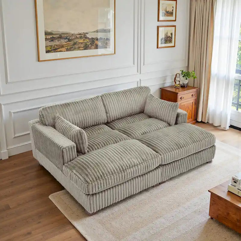 Canapé d'angle contemporain en velours côtelé avec méridienne – Coussins à ressorts et pieds en bois