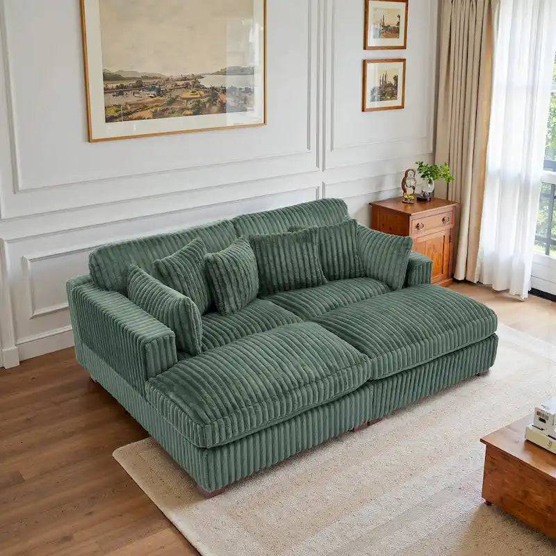 Canapé d'angle contemporain en velours côtelé avec méridienne – Coussins à ressorts et pieds en bois
