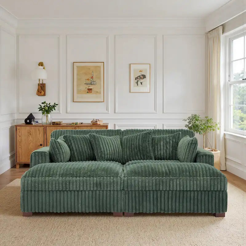 Canapé d'angle contemporain en velours côtelé avec méridienne – Coussins à ressorts et pieds en bois