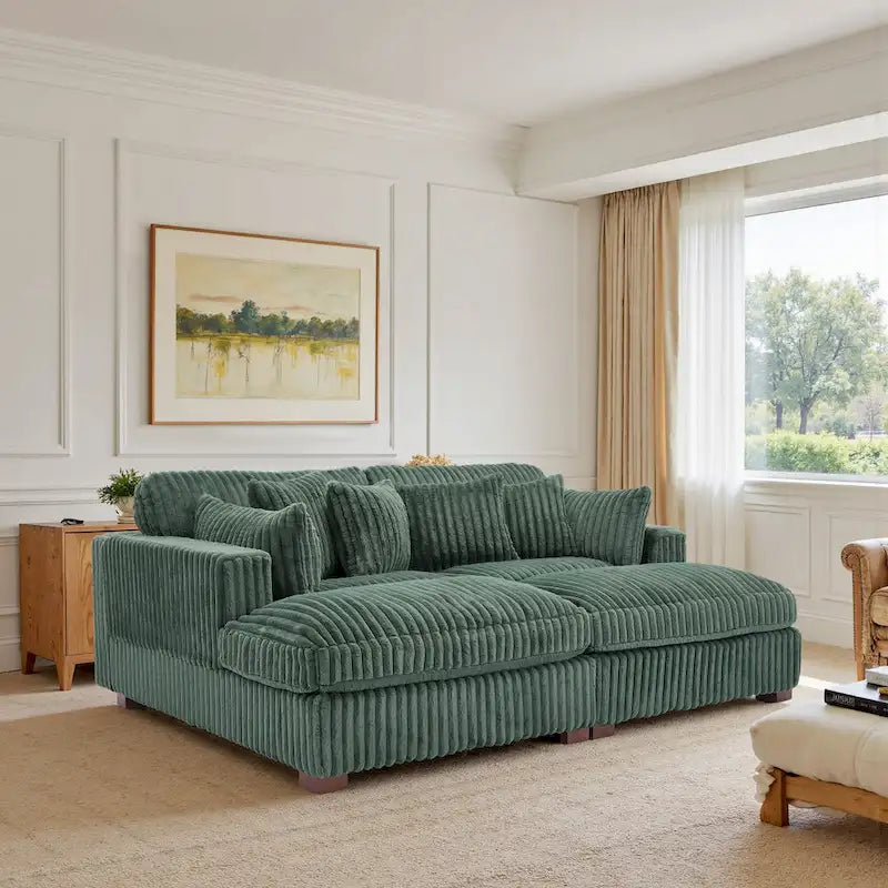 Canapé d'angle contemporain en velours côtelé avec méridienne – Coussins à ressorts et pieds en bois