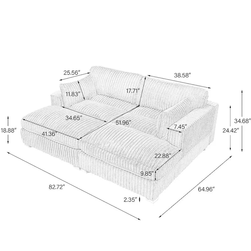 Canapé d'angle contemporain en velours côtelé avec méridienne – Coussins à ressorts et pieds en bois