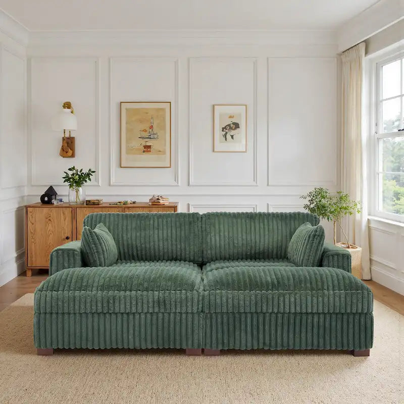 Canapé d'angle contemporain en velours côtelé avec méridienne – Coussins à ressorts et pieds en bois