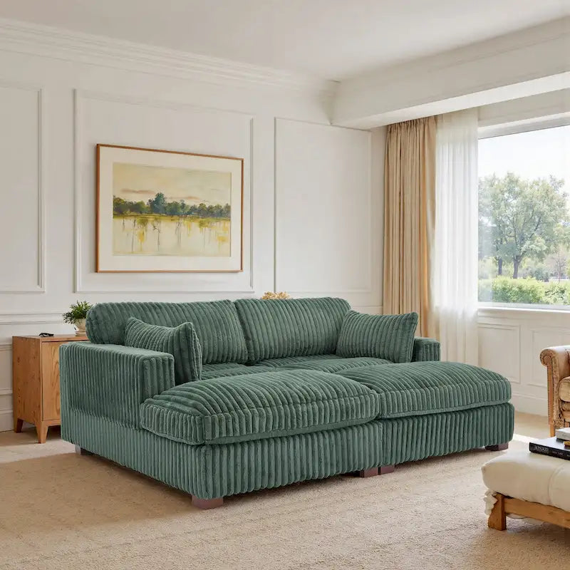 Canapé d'angle contemporain en velours côtelé avec méridienne – Coussins à ressorts et pieds en bois