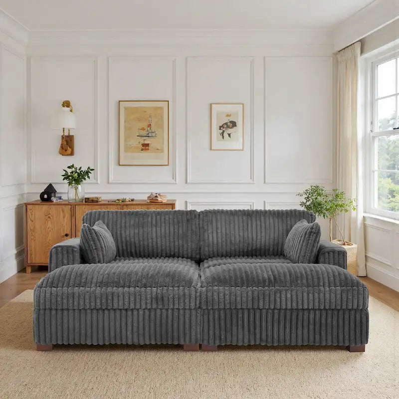 Canapé d'angle contemporain en velours côtelé avec méridienne – Coussins à ressorts et pieds en bois