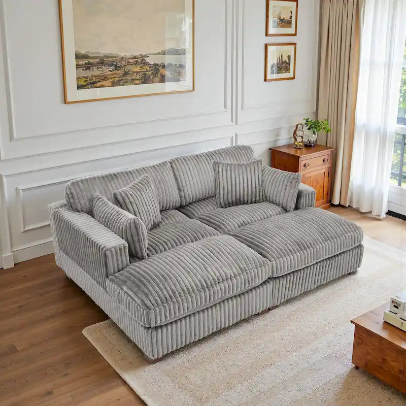 Canapé d'angle contemporain en velours côtelé avec méridienne – Coussins à ressorts et pieds en bois