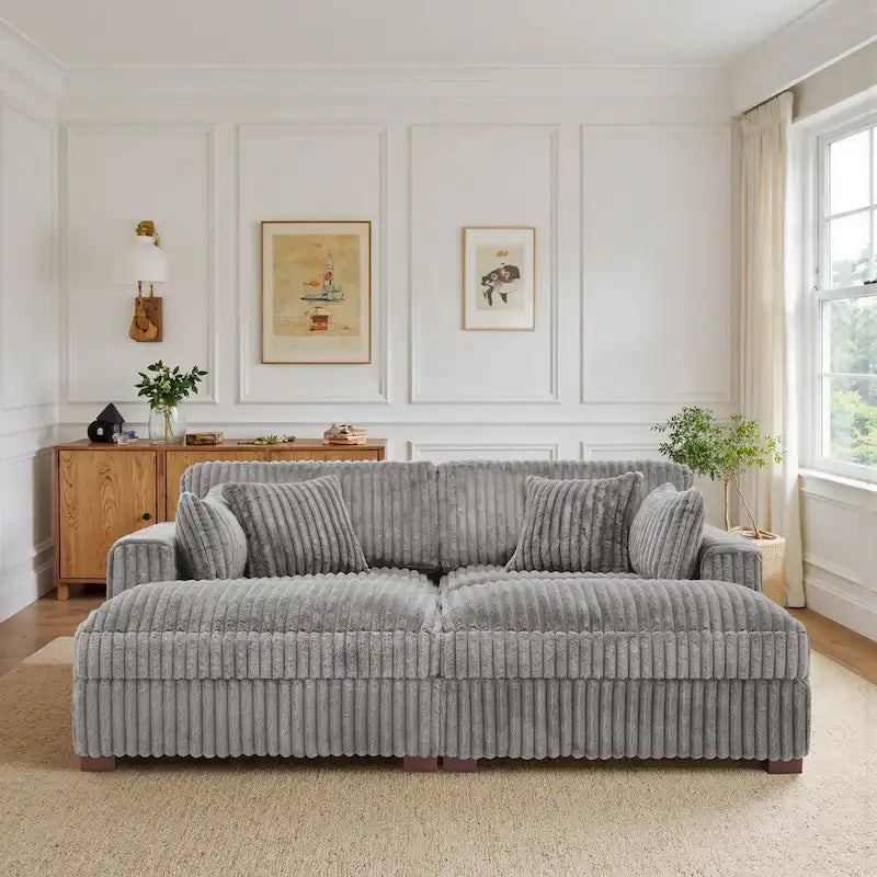Canapé d'angle contemporain en velours côtelé avec méridienne – Coussins à ressorts et pieds en bois