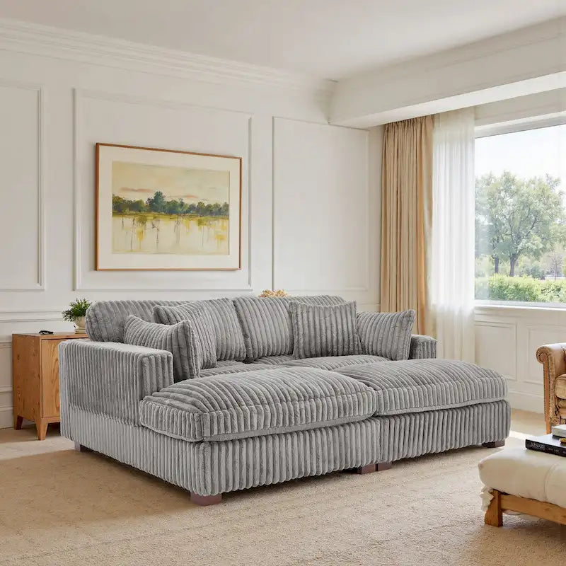 Canapé d'angle contemporain en velours côtelé avec méridienne – Coussins à ressorts et pieds en bois