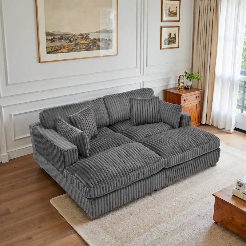 Canapé d'angle contemporain en velours côtelé avec méridienne – Coussins à ressorts et pieds en bois