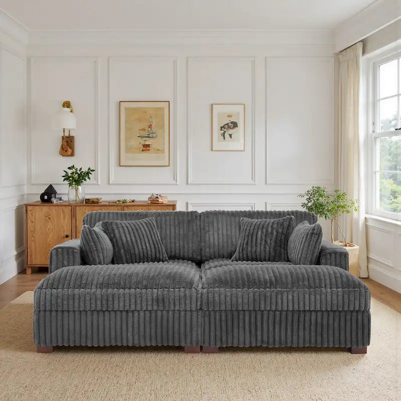 Canapé d'angle contemporain en velours côtelé avec méridienne – Coussins à ressorts et pieds en bois