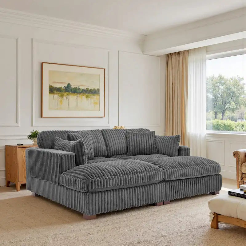 Canapé d'angle contemporain en velours côtelé avec méridienne – Coussins à ressorts et pieds en bois