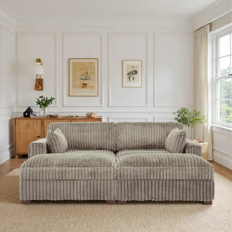 Canapé d'angle contemporain en velours côtelé avec méridienne – Coussins à ressorts et pieds en bois