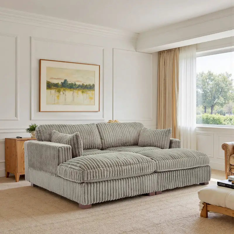Canapé d'angle contemporain en velours côtelé avec méridienne – Coussins à ressorts et pieds en bois