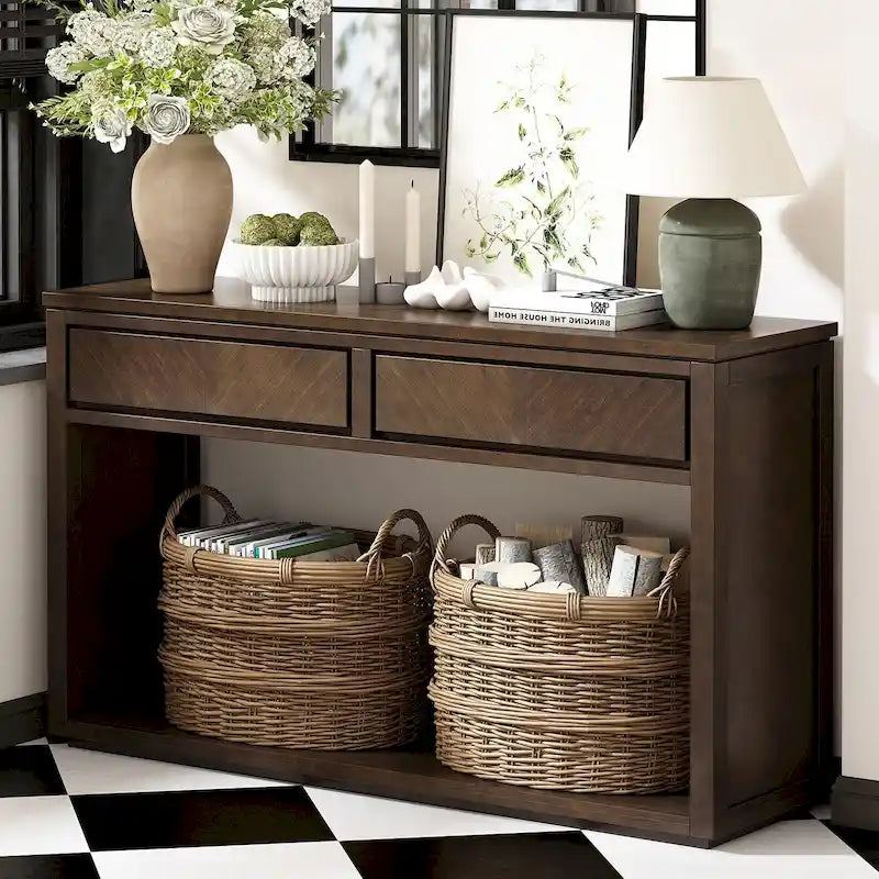Table console Chevron rustique – 55 po, 2 tiroirs et étagère ouverte, 4 finis