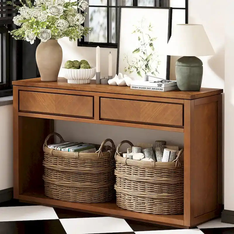 Table console Chevron rustique – 55 po, 2 tiroirs et étagère ouverte, 4 finis