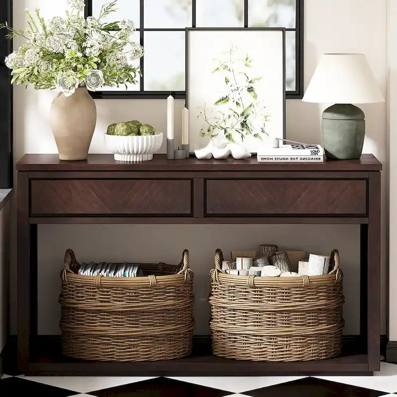 Table console Chevron rustique – 55 po, 2 tiroirs et étagère ouverte, 4 finis