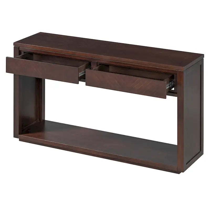 Table console Chevron rustique – 55 po, 2 tiroirs et étagère ouverte, 4 finis