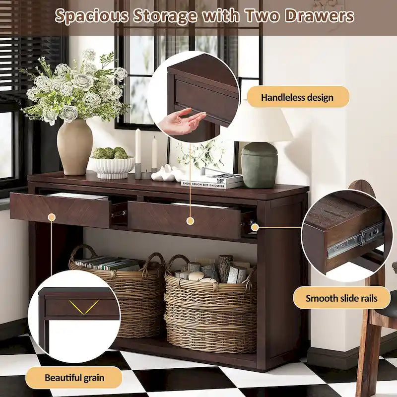 Table console Chevron rustique – 55 po, 2 tiroirs et étagère ouverte, 4 finis