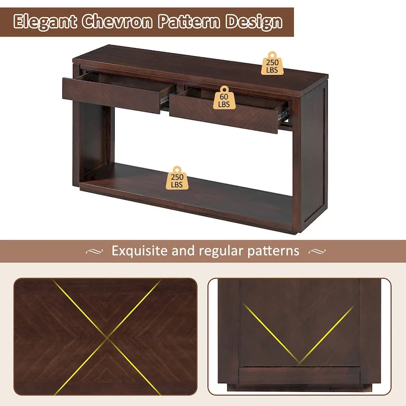 Table console Chevron rustique – 55 po, 2 tiroirs et étagère ouverte, 4 finis