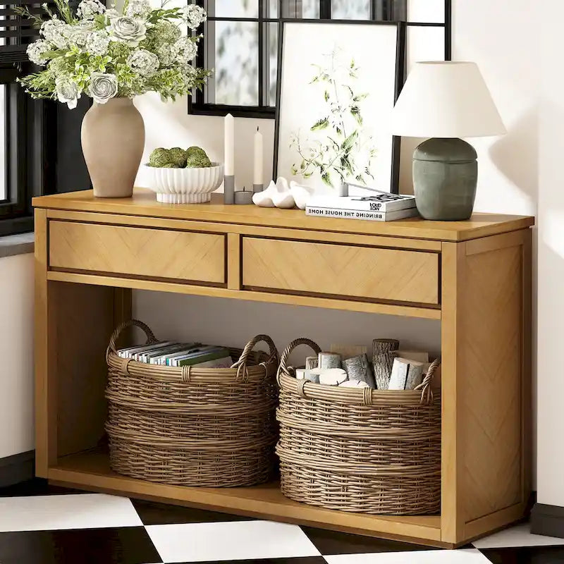 Table console Chevron rustique – 55 po, 2 tiroirs et étagère ouverte, 4 finis