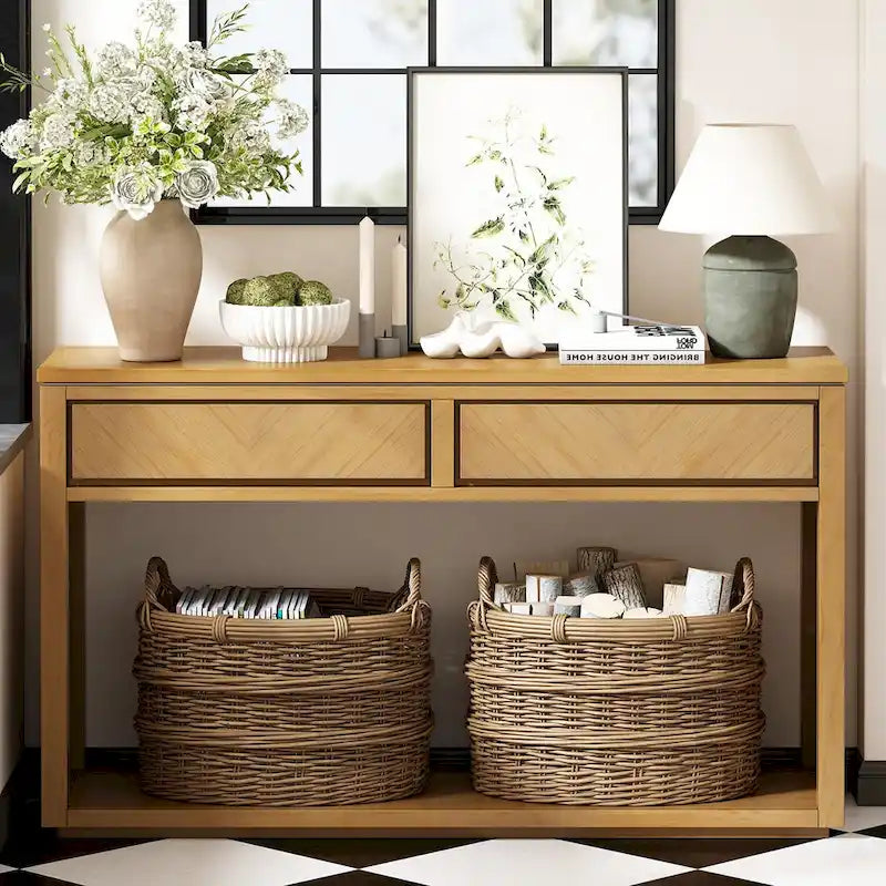 Table console Chevron rustique – 55 po, 2 tiroirs et étagère ouverte, 4 finis