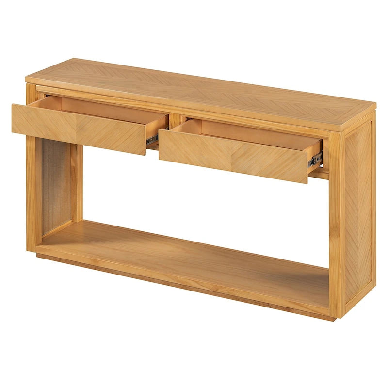 Table console Chevron rustique – 55 po, 2 tiroirs et étagère ouverte, 4 finis